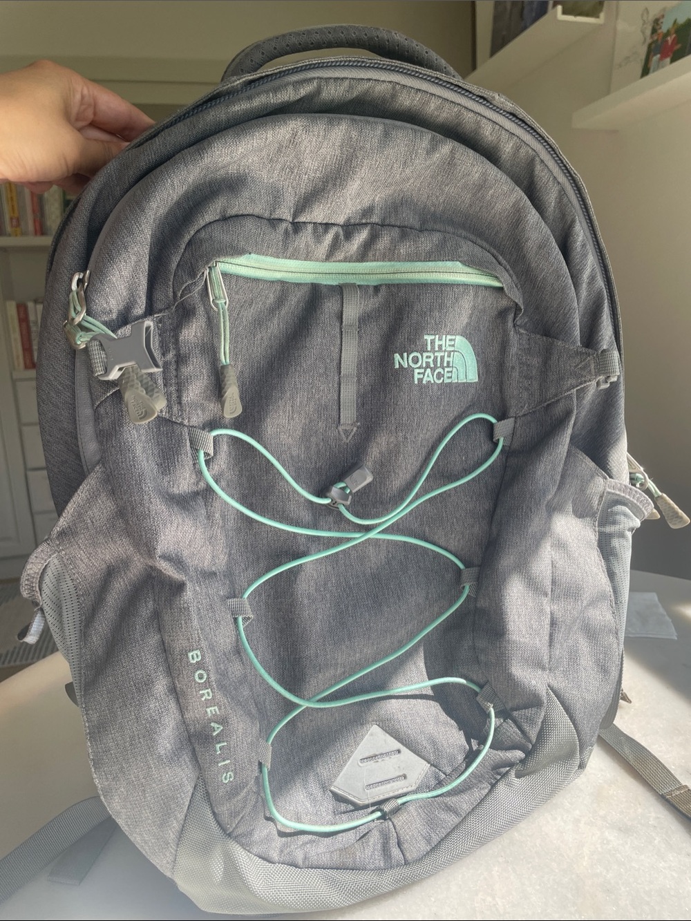 The North Face Woman’s Borealis Backpack in Charcoal with Mint Trim